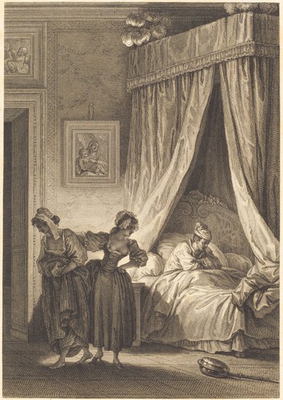 Sázka tří drbů: Služebník od Philippe Triere and Antoine Jean Duclos after Jean Honoré Fragonard