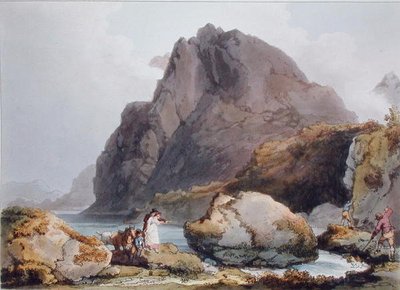 Llyn Ogween, z „Romantické malebné scenérie Anglie a Walesu“, vydáno 1805 (barevná rytina) od Philippe de (after) Loutherbourg