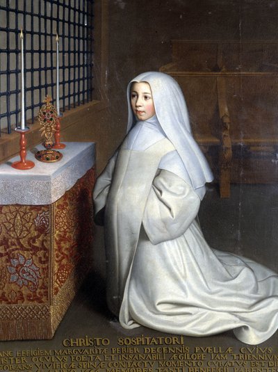 Portrét Marguerite Périer, vězeňkyně kláštera Port Royal des Champs (Port-Royal-des-Champs) a neteře Pascala („“ Kristu Spasiteli: Marguerite Périer, 10letá dívka, jejíž levé oko bylo uzdraveno v kontaktu s oživujícím trnem“) - O od Philippe de (attr. to) Champaigne
