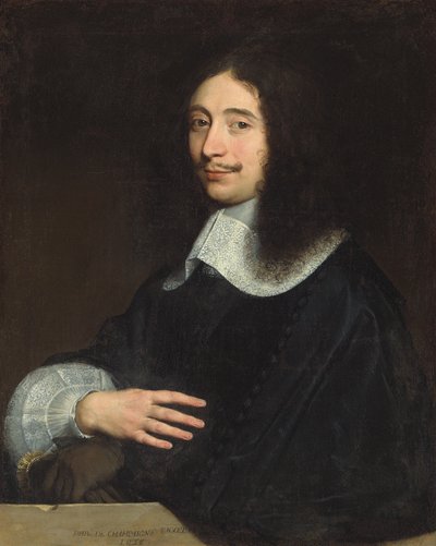 Portrét gentlemana, tradičně identifikovaného jako Noël de Bullion, polodlouhý, v černém s krajkovým límcem a rukávem, s rukavicemi v levé ruce, 1656 od Philippe de Champaigne