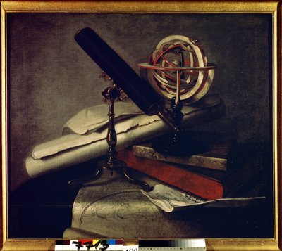 Astronomické přístroje. (Astronomické nářadí). Zátiší s astronomickým dalekohledem (dalekohledem), nebeským glóbem a mapou oblohy. Obraz Philippe de La Hyre (1640-1718). Francouzské umění, barokní styl. Olej na plátně. Muzeum Carskoje Selo, Saint P od Philippe de la Hire