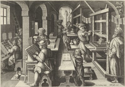 tiskařský lis Nové vynálezy a objevy (název série) Nova Reperta (název seriálu) od Philips Galle (attributed to workshop of)