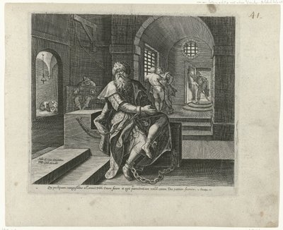 Koning Manasse ve vězení Boetedoening en berouw in het Oude Testament en het Nieuwe Testament (název série) Typ božské shovívavosti a milosrdenství vůči těm, kteří z celého srdce činí pokání ze svých přestupků a obracejí se k Bohu (série od Philips Galle (attributed to workshop of)