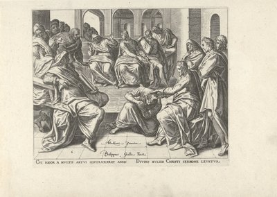 Kristus uzdravuje zmrzačenou ženu Šest scén s Kristem a ženami z evangelií (název série) od Philips Galle