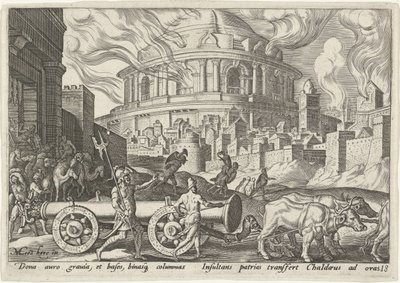 Chaldejci berou sloupy jeruzalémského chrámu The Days of Doom of the Jewish People (název série) od Philips Galle