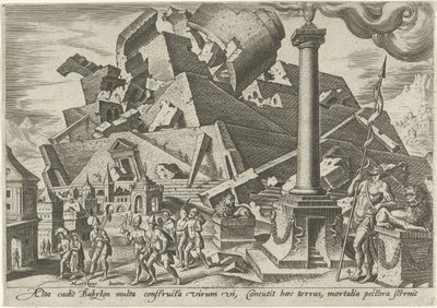 Zničení babylonské věže The Days of Doom of the Jewish People (název série) od Philips Galle