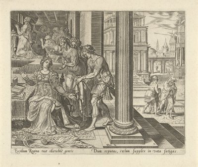 Ester se od svých služebných dozvídá, že Mordecai nosí smuteční šaty Historie Esther (název série) od Philips Galle