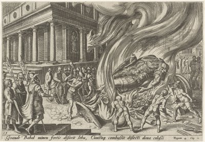 Jehu ničí chrám a Baalův obraz The Days of Doom of the Jewish People (název série) od Philips Galle