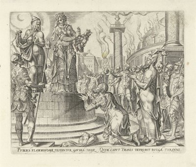 Judith ukazuje hlavu Holoferna lidem Historie Judit a Holofernes (název série) od Philips Galle
