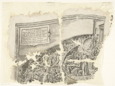 Levý horní roh otisku scény od Cebes Tabula Cebetis Carta Vitae (název na objektu) od Philips Galle