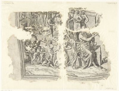 Levý dolní roh otisku scény od Cebes Tabula Cebetis Carta Vitae (původní název) od Philips Galle