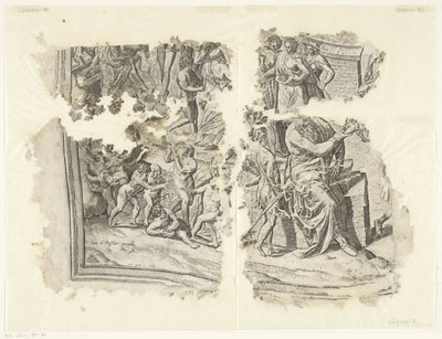 Levý dolní roh otisku scény od Cebes Tabula Cebetis Carta Vitae (původní název) od Philips Galle