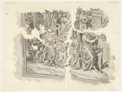 Levý dolní roh otisku scény od Cebes Tabula Cebetis Carta Vitae (původní název) od Philips Galle