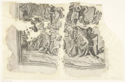 Levý dolní roh otisku scény od Cebes Tabula Cebetis Carta Vitae (původní název) od Philips Galle