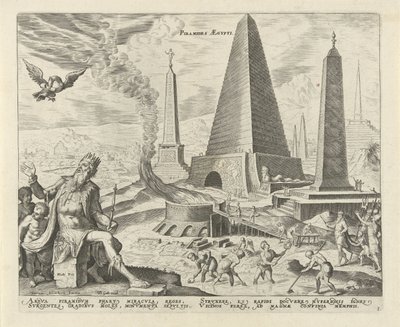 Egyptské pyramidy Pyramids Aegypti (název na objektu) Osm divů světa (název série) od Philips Galle