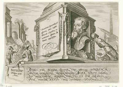 Portrét Maartena van Heemskercka na podstavci sloupu The Days of Doom of the Jewish People (název série) od Philips Galle