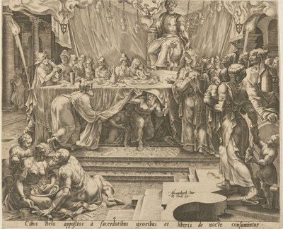 Kněží boha Bela jedí a pijí v chrámu [strana 4] a Daniel krmí draka [strana 7], strany 4 a 7 série „Příběh Daniela, Bela a draka“ od Philips Galle
