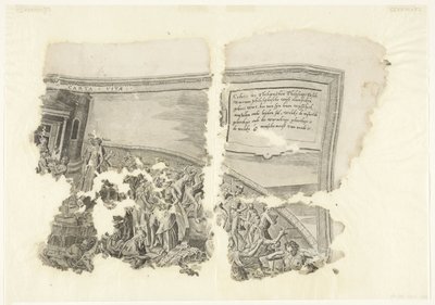 Pravý horní roh otisku scény od Cebes Tabula Cebetis Carta Vitae (název na objektu) od Philips Galle