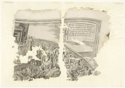 Pravý horní roh otisku scény od Cebes Tabula Cebetis Carta Vitae (název na objektu) od Philips Galle