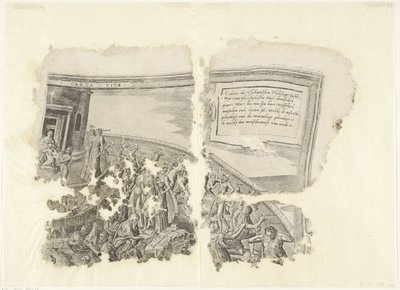 Pravý horní roh otisku scény od Cebes Tabula Cebetis Carta Vitae (název na objektu) od Philips Galle