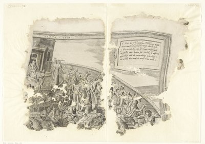 Pravý horní roh otisku scény od Cebes Tabula Cebetis Carta Vitae (název na objektu) od Philips Galle