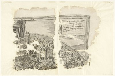 Pravý horní roh otisku scény od Cebes Tabula Cebetis Carta Vitae (název na objektu) od Philips Galle