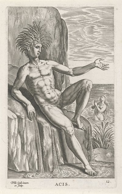 Riviergod Acis Esa (titul na předmětu) Rivier-en zeegoden (název série) Elegantní portréty mořských polobohů a tuleňů Amnicus (název série) od Philips Galle