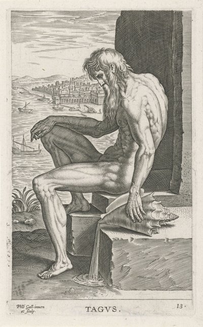 Riviergod Tagus Tagvs (název na objektu) Rivier-en zeegoden (název série) Elegantní portréty mořských polobohů a tuleňů Amnicus (název série) od Philips Galle