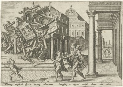 Samson ničí chrám Pelištejců The Days of Doom of the Jewish People (název série) od Philips Galle