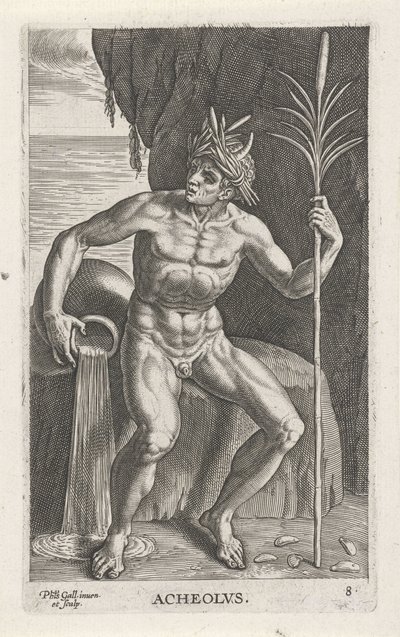 Zeegod Achelous Acheolvs (název na objektu) Rivier-en zeegoden (název série) Elegantní portréty mořských polobohů a lachtanů (název série) od Philips Galle