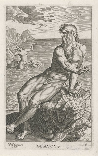 Zeegod Glaucus Glavcvs (název na objektu) Rivier-en zeegoden (název série) Elegantní portréty mořských polobohů a tuleňů Amnicus (název série) od Philips Galle