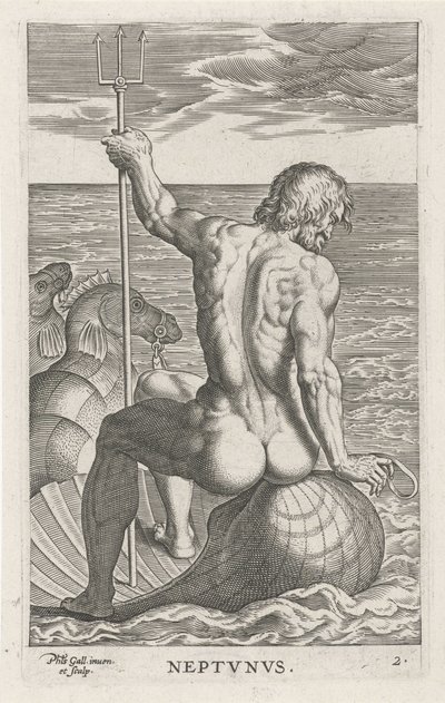 Zeegod Neptun Neptvnvs (název na objektu) Rivier-en zeegoden (název série) Elegantní portréty mořských polobohů a tuleňů Amnicus (název série) od Philips Galle