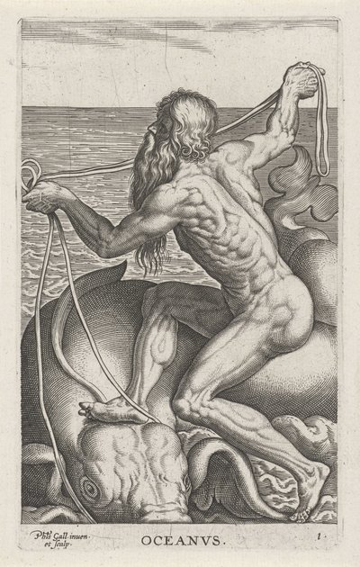 Zeegod Oceanus Oceanvs (název na objektu) Rivier-en zeegoden (název série) Elegantní portréty mořských polobohů a tuleňů Amnicus (název série) od Philips Galle
