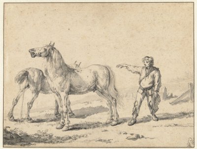 Dva koně, jeden močí a druhý kňučí, a stojící muž se zdviženou pravou paží od Philips Wouwerman