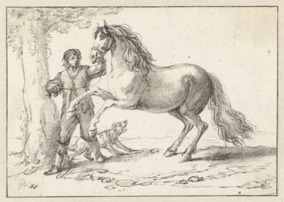 Mladý muž držící chovného koně za uzdu, vystrašený štěkajícím psem od Philips Wouwerman