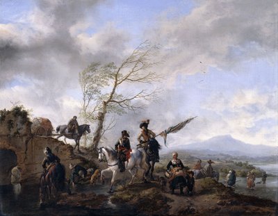 Rozsáhlá říční krajina s vojáky a praporčíkem napájejícím své koně, od Philips Wouwerman