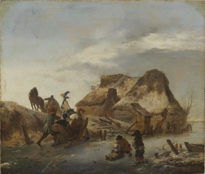 Un noble en traineau sur la glace - Šlechtické sáně na ledě, od Wouwermana, Philipse (1619-1668). Olej na dřevě, c. 1646. Rozměr : 36x43 cm. Národní muzeum Stockholm od Philips Wouwermans or Wouwerman