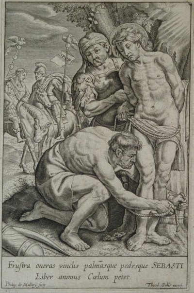 Svatý Šebestián je dvěma vojáky přivázán ke stromu. od Philips van Mallery