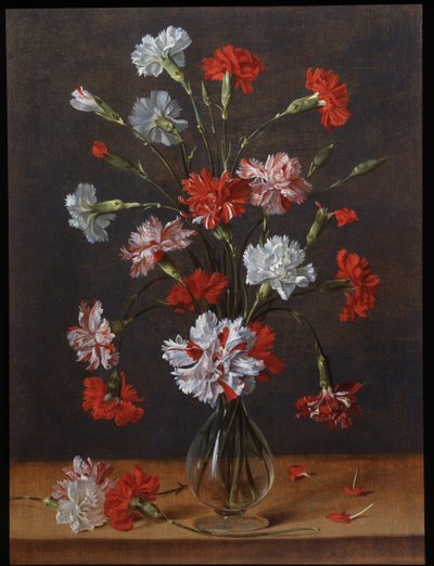 Kytice karafiátů ve skleněné váze, asi 1600-1700 (olej na desce) od Phillipe de Marlier