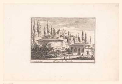 Pohled na Romulův chrám Tempio di Romolo (název na objektu) Pohledy na starověký a moderní Řím (název série) Varie Vedute di Roma Antica, e Moderna (název série) od Philothée Francois Duflos