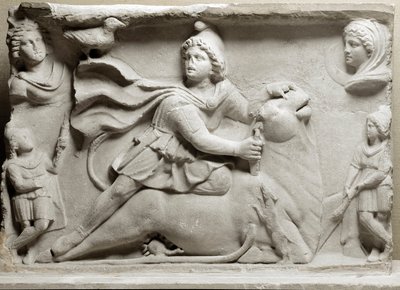 Civilizace Féničanů: obětní scéna zobrazující božského Mithru (Mythra nebo Mithra) zneškodní býka. 2. nebo 3. století našeho letopočtu. Mramorové reliéfní punčochy. Paříž, muzeum Louvre od Phoenician Phoenician
