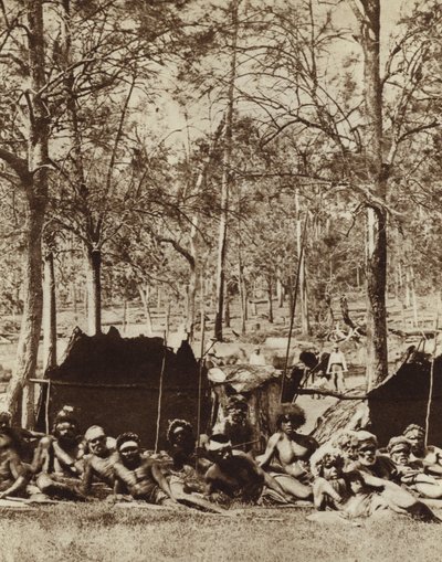 Australští domorodci se skrývají za větrolamem (černobílá fotografie) od Photographer Australian