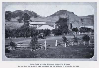 Dům postavený Johnem Kingsmill Abbottem ve Wingenu na prvních 330 akrů půdy zakoupené Abbottovými v Austrálii v roce 1843 (černobílá fotografie) od Photographer Australian