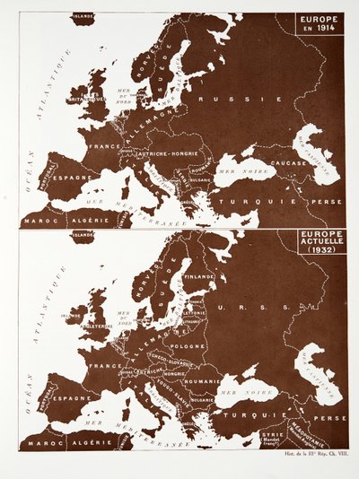 Mapa Evropy v roce 1914 a Evropy v roce 1932 z Histoire de la Troisieme Republique, sv. I, Politické dějiny, nakl. 1933 (barevné lito) od Photographer French