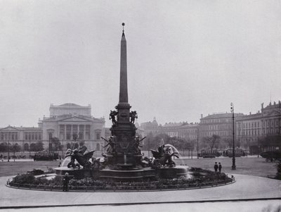 Lipsko: Fontána Mende na náměstí Augustusplatz a nové divadlo (č/b foto) od Photographer German