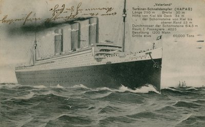 Německý parník, Vaterland. Pohlednice odeslána v roce 1913. od Photographer German