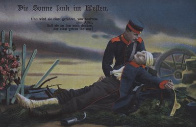 Slunce zapadá na západě: německý voják utěšuje svého umírajícího spolubojovníka na bojišti (barevná fotografie) od Photographer German