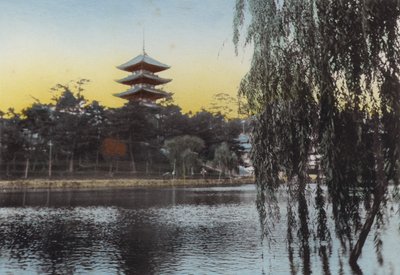 Japonsko, kolem roku 1912: Pohled na pagodu v Nara z rybníka Sarusawa (foto) od Photographer Japanese