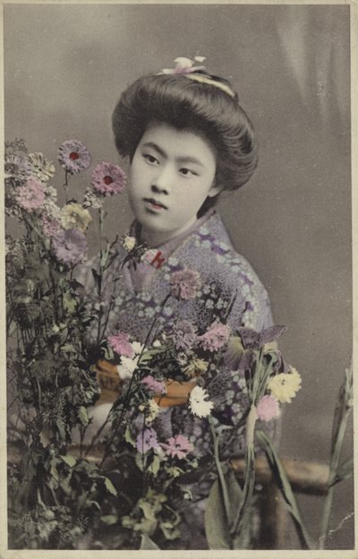 Japonská dívka s květinami (barevné foto) od Photographer Japanese