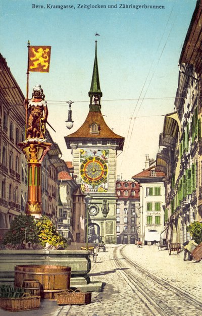 Hodinová věž Zytglogge a kašna Zahringerbrunnen, Kramgasse, Bern (barevné foto) od Photographer Swiss